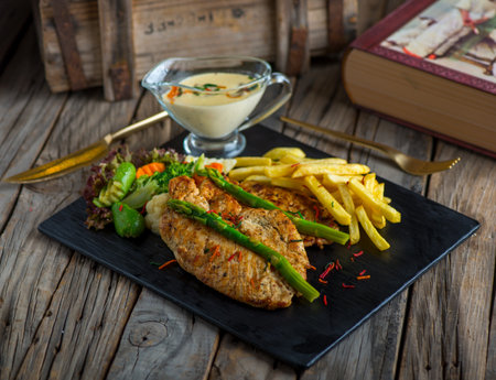 chicken steak with fries isolated on cutting board on wooden background side view of steakの写真素材