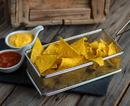 nachos with sauce and dip served in a fryer isolated on wooden background side view of appetizerの写真素材