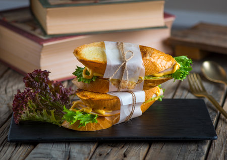 smoked turkish sandwich served in a dish isolated on cutting board side view of breakfast on wooden backgroundの写真素材