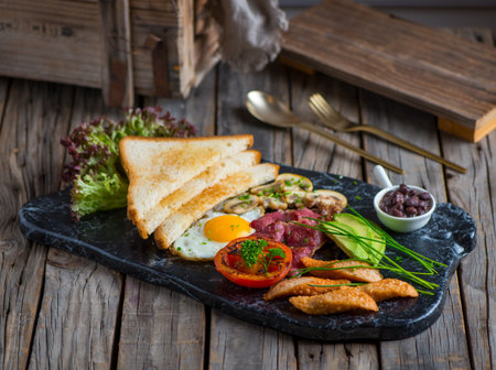 english breakfast with bread, beans, toast, egg, tomato served in a dish isolated on cutting board side view of breakfast on wooden backgroundの写真素材