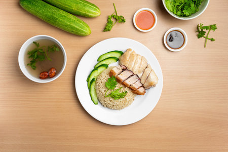 Steamed Chicken and Roast Pork Rice with raw cucumber, Coriander, salad, sauce and soup served in a...