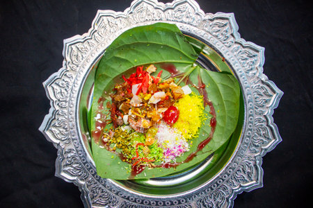 Bombay paan masla colorful decorated on betel leaf top viewの写真素材