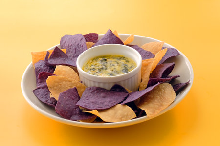 Appetizer Spinach Artichoke crackers with Dip served in a dish isolated on yellow background side view of fastfoodの写真素材