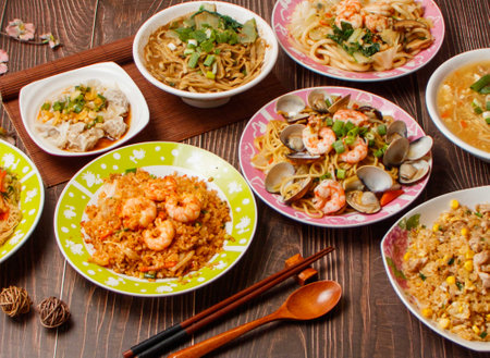 Taiwan food variety Kimchi Fried Rice, Nine Spice Clam Pasta, shredded pork, Red Oil Chao Shou, Sesame noodles, Fried Noodles with Shrimp, hot and sour soupの写真素材