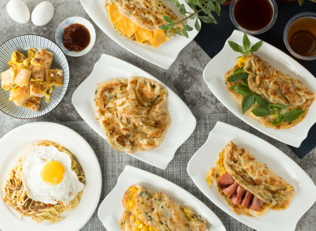 Assorted taiwan pancake food Corn and Egg Scallion pancake Grabs, Basil, cheese, onion, Bacon, black...