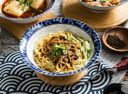 Spicy Mala Noodles served in dish isolated on napkin top view on table taiwan foodの写真素材