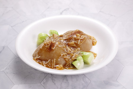 Shrimp Roe Buckle Pomelo Peel in a dish isolated on grey background side view of Hong kong foodの写真素材