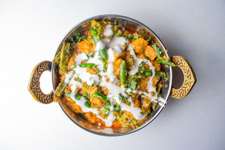 Spicy Vegetable Chili mili karahi served in a dish isolated on grey background top view of bangladesh foodの写真素材