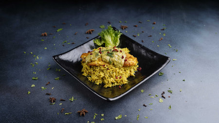 Fish fillet in tamarind sauce serve with dill rice and special salsa served in dish isolated on...