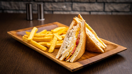 club sandwich and fries isolated on wooden board side view on table fast foodの写真素材