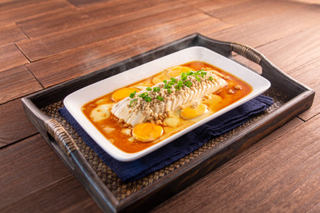 bridge tofu with egg served dish isolated on wooden table top view of Hong Kong foodの写真素材