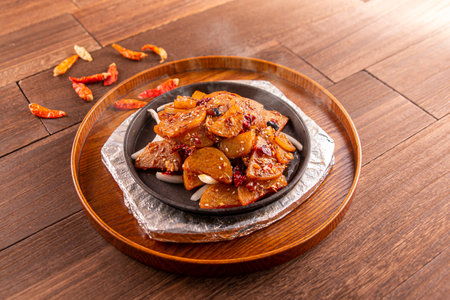 Spicy Sizzling Potato Chips served dish isolated on wooden table top view of Hong Kong food