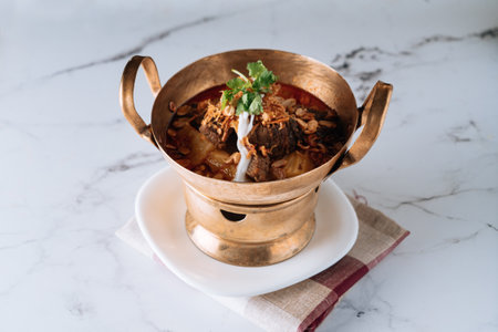 traditional Massaman Beef Curry in a copper stew dish isolated on mat top view on grey marble backgroundの写真素材