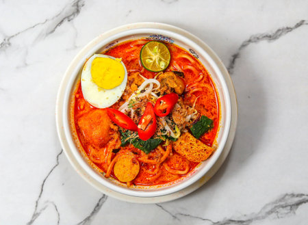 korean spicy noodle soup with pork and egg - korean food styleの写真素材