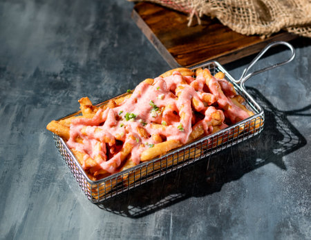 deep-fried mentaiko fries in a deep fryer dish side view on dark background