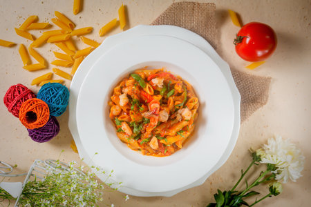 pasta with shrimp and vegetables on a white plate on the tableの写真素材
