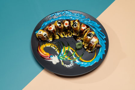 KURO DRAGON served in a plate isolated on background top view of japanese fast foodの写真素材