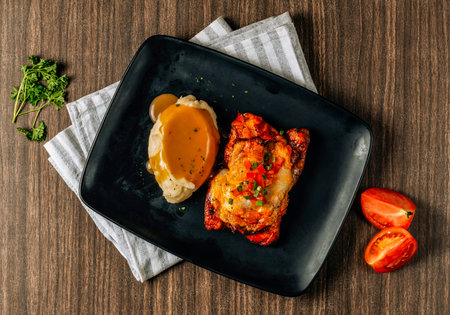 Slices of tasty Tex Mex Grilled Chicken Fajitas served in black tray on dark wood table top view foodの写真素材