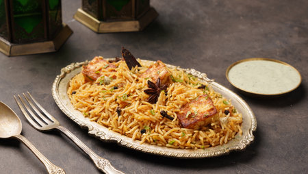 Paneer tikka Biryani with raita served in a dish side view on dark background