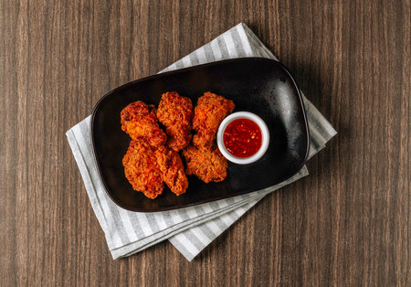 Chicken wings barbeque in a black dish with BBQ sauce isolated on wood background top viewの写真素材
