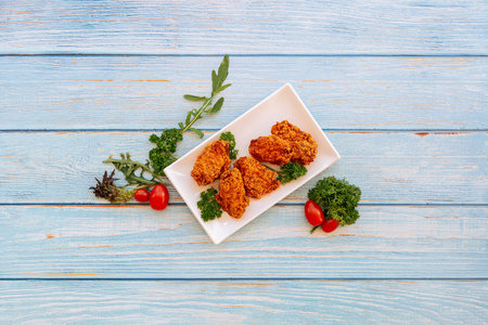 Mid Joint chicken Wings with dip and tomato cherry Served in dish isolated on wooden table top view fastfoodの写真素材
