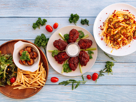 Assorted fastfood Buffalo Mid Joint Wings, loaded Cheesy Fries, Meatballs with chips Served in dish isolated on wooden table top view fastfoodの写真素材