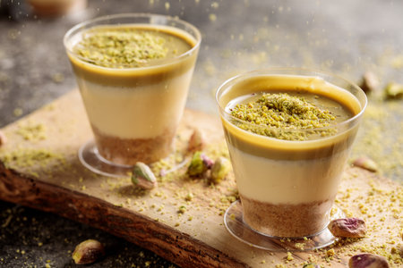 Pistachio cheesecake served in cup isolated on wooden board top view cafe cheese cake food dessertの写真素材