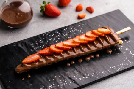 Strawberry Waffle In Stick with chocolate and caramel served in dish isolated on table top view of cafe waffles food dessertの写真素材