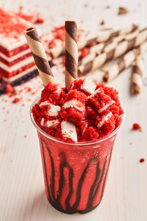 Red velvet Milkshake with straw and cake served in glass isolated on table top view healthy morning drinkの写真素材