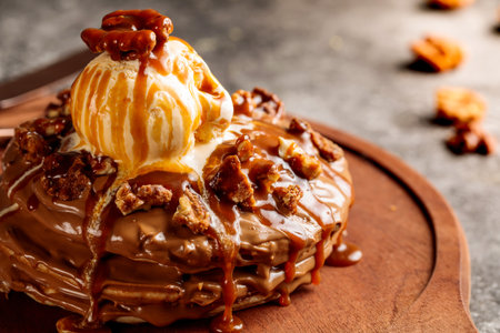 Praline pecan pancake with hot chocolate served in wooden board isolated on background top view of cafe baked foodの写真素材