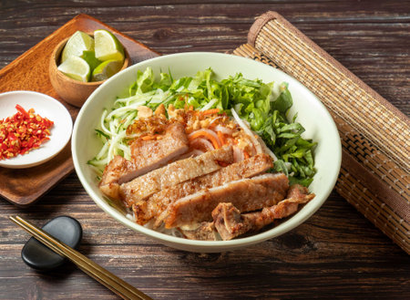 Pork Chops with Vietnamese Rice Noodles served in bowl isolated on table top view of taiwan food