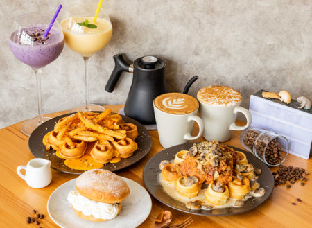 Chicken Waffle with Mushroom Milk, Cheese Potato fries, Cappuccino, mocha latte art, mixed berries and mango milkshake with coffee beans, fork, spoon isolated on wooden table top view of taiwan foodの写真素材
