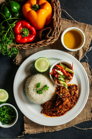 Jamaican Mutton gravy with plain rice, salad, tomato, cucumber dip, sauce and bell pepper served in plate isolated on napkin top view of lunch foodの写真素材