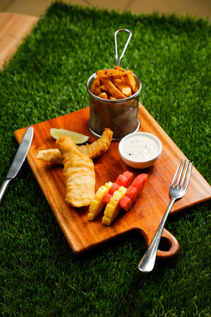 english Fish and Chips bucket served on wooden board with dip, knife and fork isolated on grassy...