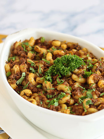 ARABIC STYLE PASTA WITH GREEN PEAS Served in dish isolated on table closeup top view of italian foodの写真素材