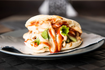 Arabian Chicken Shawarma served in dish top view of fastfoodの写真素材