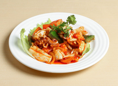 sambal squid served in dish isolated on background top view singapore foodの写真素材