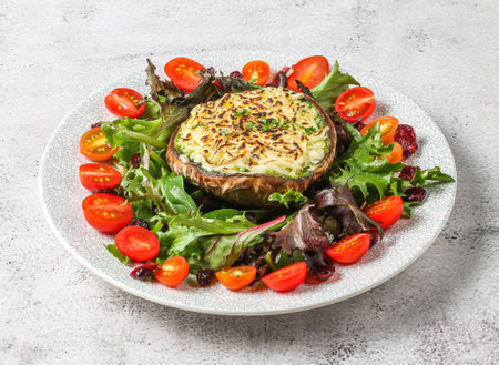 seasonal portobello with cherry tomato and leaves salad served in dish isolated on grey background...