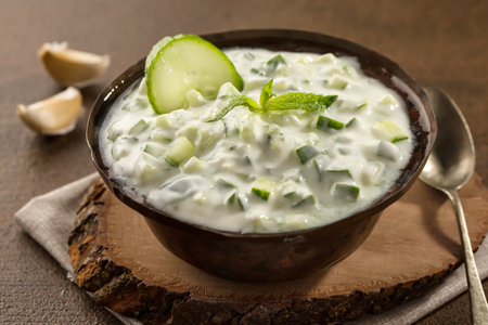 cucumber raita yogurt served in dish isolated on food table top view of middle east spicesの写真素材