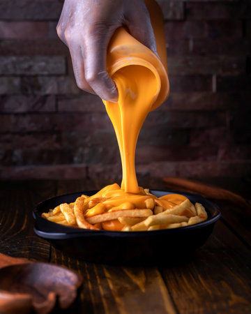 Loaded Cheese Fries served in dish isolated on wooden table side view of arabic food