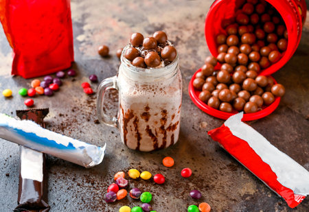 Assorted chocolate Milkshake with ice cream, colorful bunty candy and whipped cream served in jar isolated on dark background side view of healthy drinkの写真素材