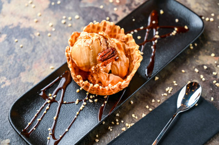 Salted caramel Gelato with ice cream, white chocolate chip, and spoon served in cup isolated on dark background closeup top view of cafe baked dessert foodの写真素材