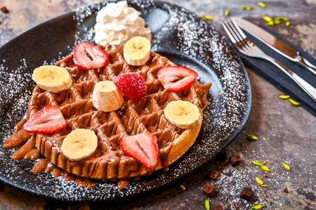 Strawberry and Banana waffle with chocolate, whipped cream, pistachio, knife and fork served in dish isolated on dark background top view cafe dessert foodの写真素材