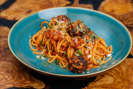 Spaghetti Con Polpette meat balls served in plate isolated on table side view of italian fastfoodの写真素材