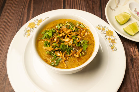 Chicken Haleem or halim daleem with fried onion served in dish isolated on wooden table top view...