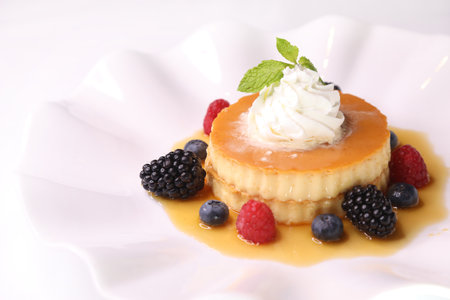 CREAM CARAMEL Pudding Cake served in dish isolated background side view of dessert bake food