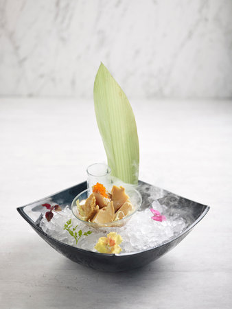 Chilled Abalaone with Special Sauce with chopsticks served in a dish isolated on grey background side viewの写真素材