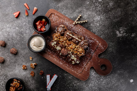 Mini Pancake Mixed with strawberry, hot chocolate and caramel served in wooden board isolated on...