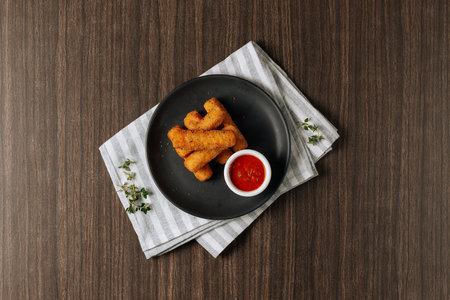 Deep fried crispy mozzarella cheese sticks with tomato dipping sauce isolated on wooden table top viewの写真素材