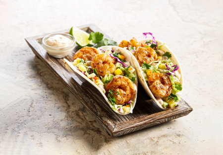 Grilled Shrimp Tacos with salad, lemon and dip isolated on wooden board side viewの写真素材
